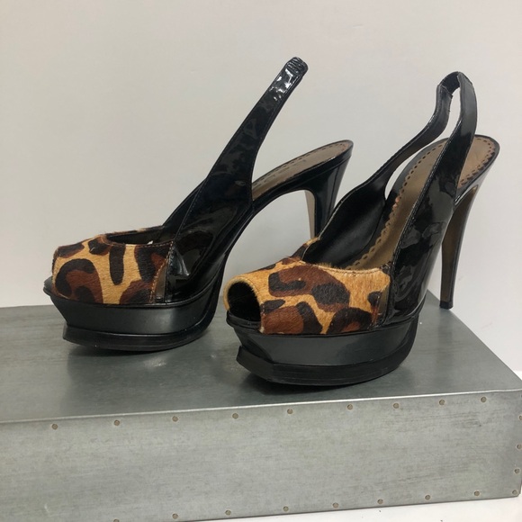 Bebe Leopard Platform Sling Back Stilettos Patented Leather Sz 5 - Picture 3 of 10